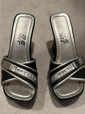 Bebe sport Silver and Black Embellished Slide wedge Sandals - Women size 6
